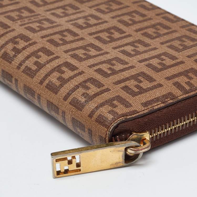 Pre Owned Fendi Brown/Beige Zucchino Coated Canvas Zip Around Wallet 