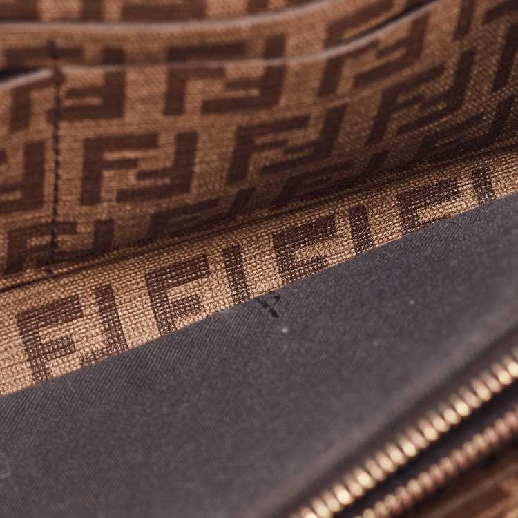 Pre Owned Fendi Brown/Beige Zucchino Coated Canvas Zip Around Wallet 