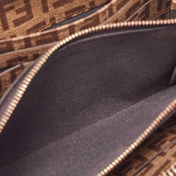 Pre Owned Fendi Brown/Beige Zucchino Coated Canvas Zip Around Wallet 