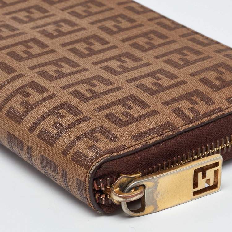 Pre Owned Fendi Brown/Beige Zucchino Coated Canvas Zip Around Wallet 