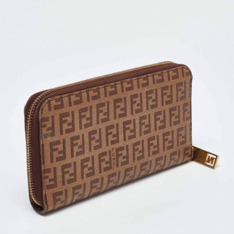 Pre Owned Fendi Brown/Beige Zucchino Coated Canvas Zip Around Wallet 
