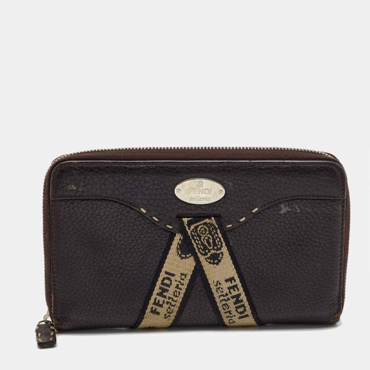 Pre Owned Fendi Black Sellieria Leather Logo Zip Around Continental Wallet