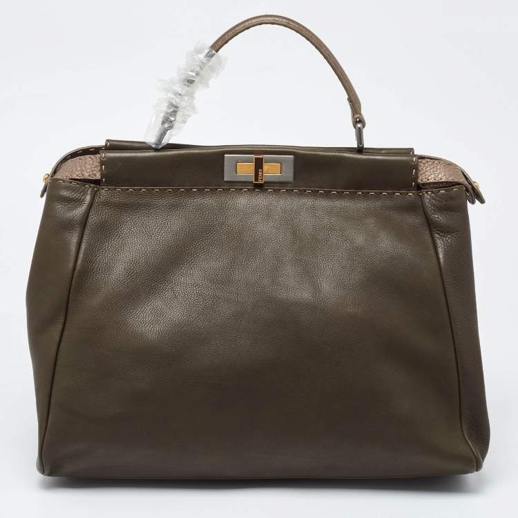Pre Owned Fendi Dark Green/Bronze Selleria Leather Large Peekaboo Top Handle Bag