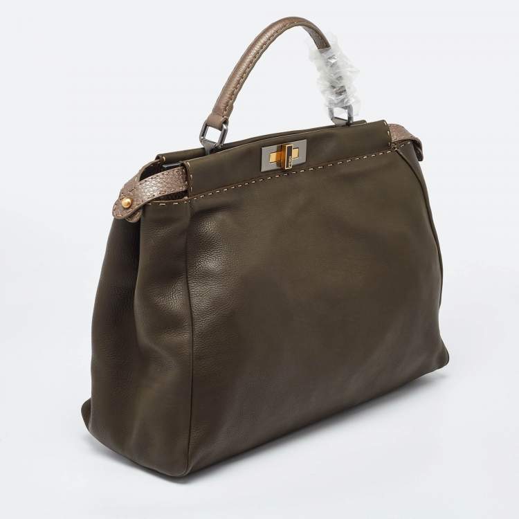 Pre Owned Fendi Dark Green/Bronze Selleria Leather Large Peekaboo Top Handle Bag