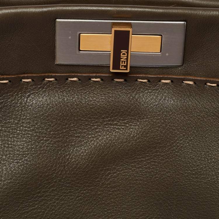 Pre Owned Fendi Dark Green/Bronze Selleria Leather Large Peekaboo Top Handle Bag