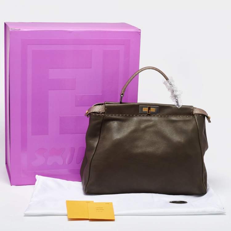 Pre Owned Fendi Dark Green/Bronze Selleria Leather Large Peekaboo Top Handle Bag