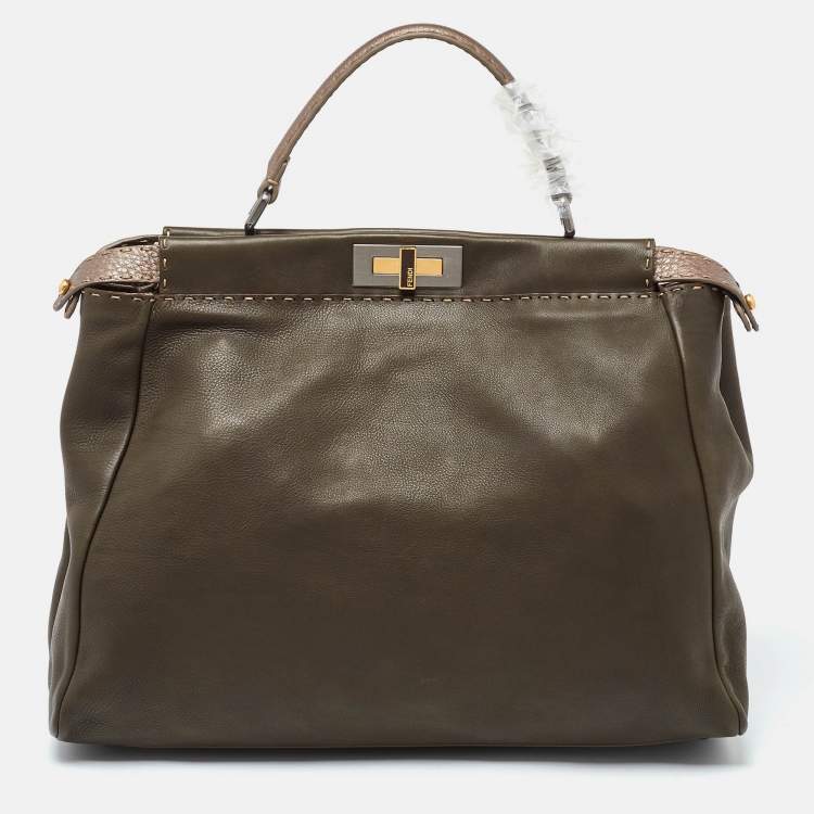 Pre Owned Fendi Dark Green/Bronze Selleria Leather Large Peekaboo Top Handle Bag