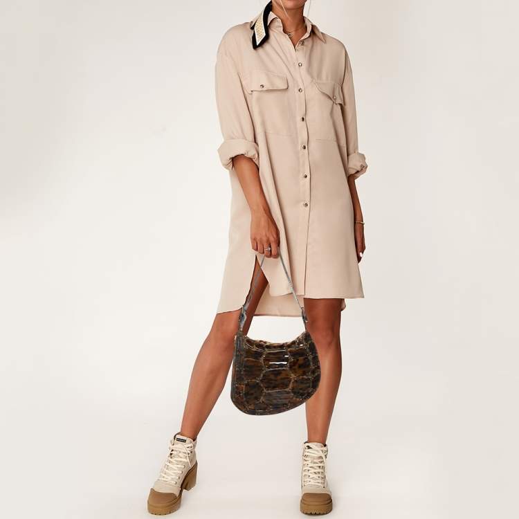 Pre Owned Fendi Brown Zucca Canvas, Calfhair and Lizard Acrylic Oyster Hobo 