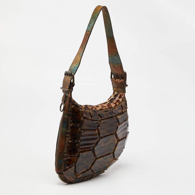Pre Owned Fendi Brown Zucca Canvas, Calfhair and Lizard Acrylic Oyster Hobo 