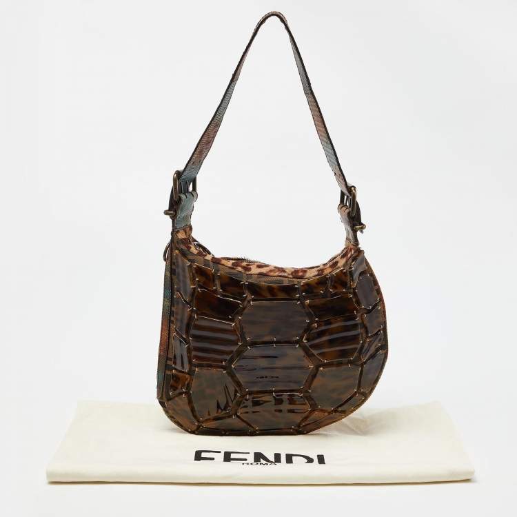 Pre Owned Fendi Brown Zucca Canvas, Calfhair and Lizard Acrylic Oyster Hobo 