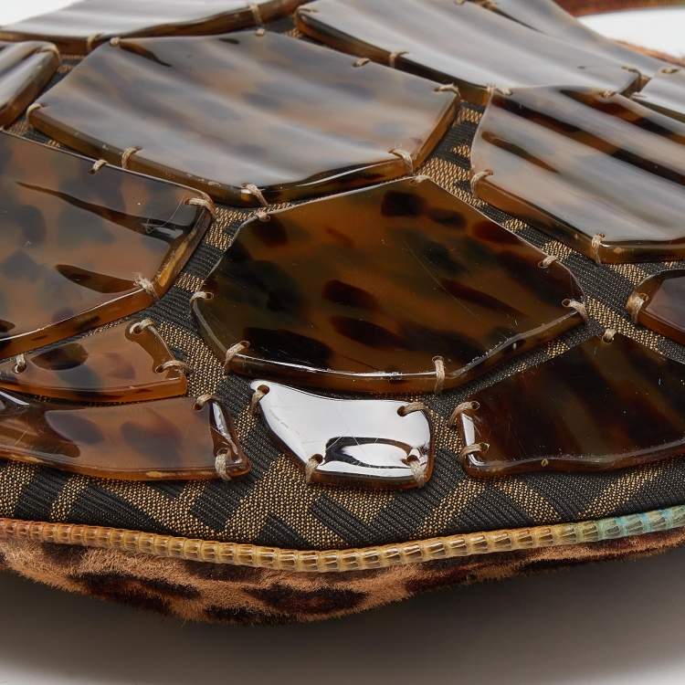 Pre Owned Fendi Brown Zucca Canvas, Calfhair and Lizard Acrylic Oyster Hobo 