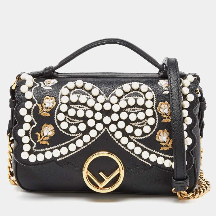 Pre Owned Fendi Black Leather Micro Pearl Bow Double Baguette Bag