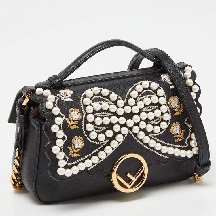 Pre Owned Fendi Black Leather Micro Pearl Bow Double Baguette Bag