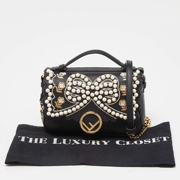 Pre Owned Fendi Black Leather Micro Pearl Bow Double Baguette Bag
