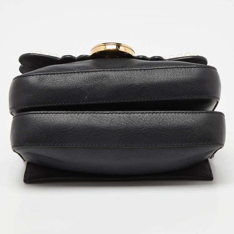 Pre Owned Fendi Black Leather Micro Pearl Bow Double Baguette Bag