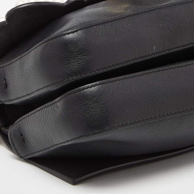 Pre Owned Fendi Black Leather Micro Pearl Bow Double Baguette Bag