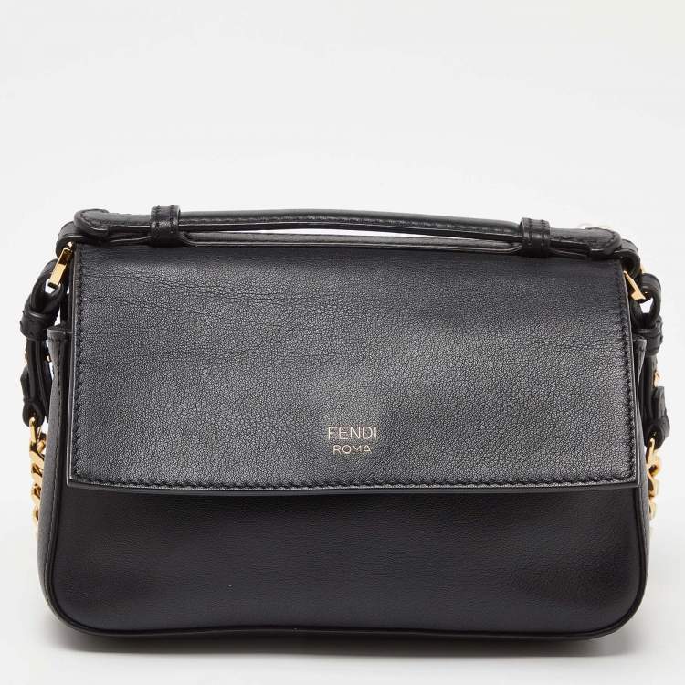 Pre Owned Fendi Black Leather Micro Pearl Bow Double Baguette Bag