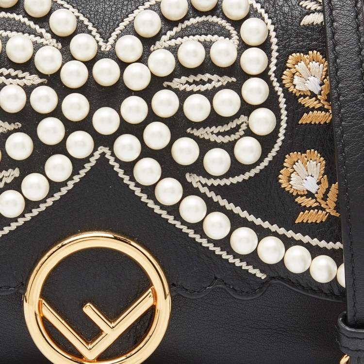 Pre Owned Fendi Black Leather Micro Pearl Bow Double Baguette Bag