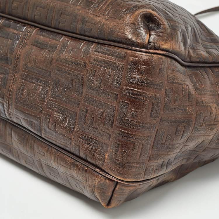 Pre Owned Fendi Dark Brown Zucca Tortoise Effect Leather Tote