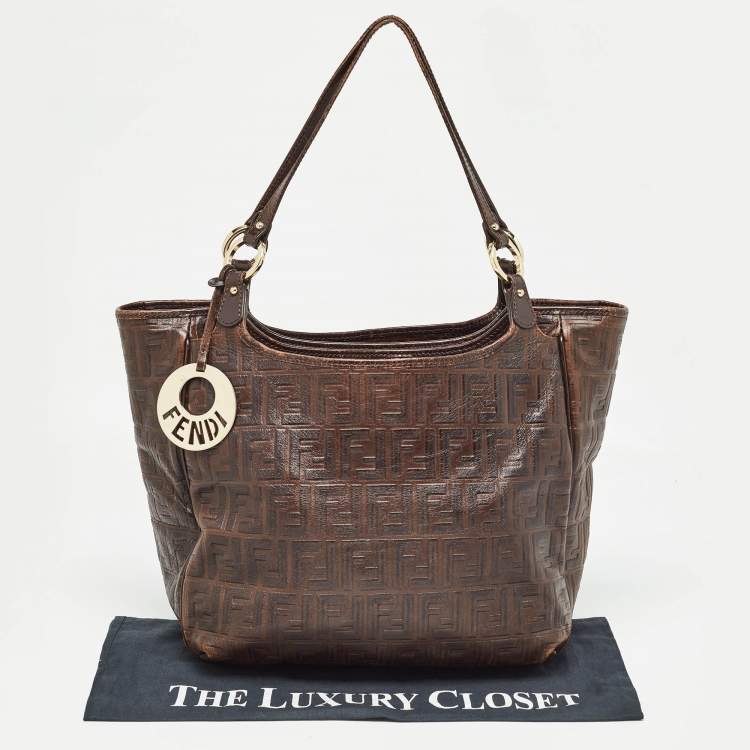 Pre Owned Fendi Dark Brown Zucca Tortoise Effect Leather Tote