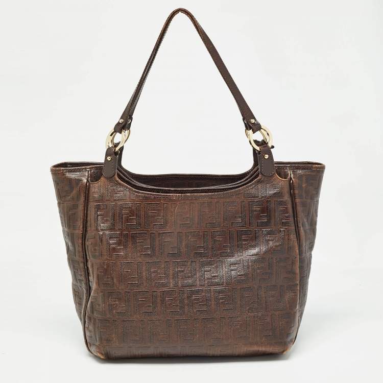 Pre Owned Fendi Dark Brown Zucca Tortoise Effect Leather Tote