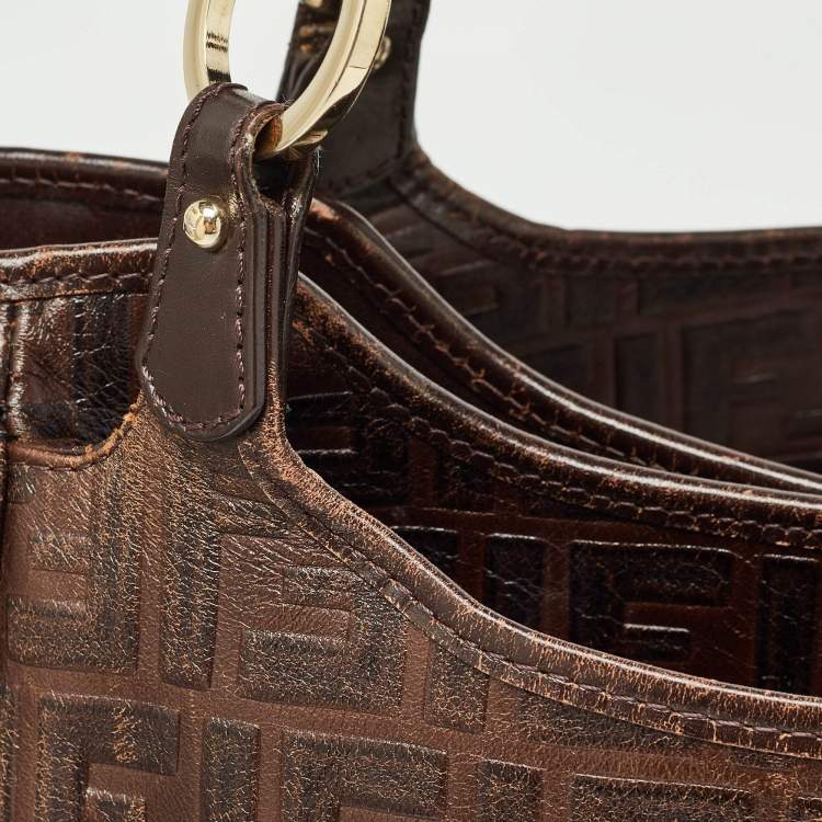 Pre Owned Fendi Dark Brown Zucca Tortoise Effect Leather Tote