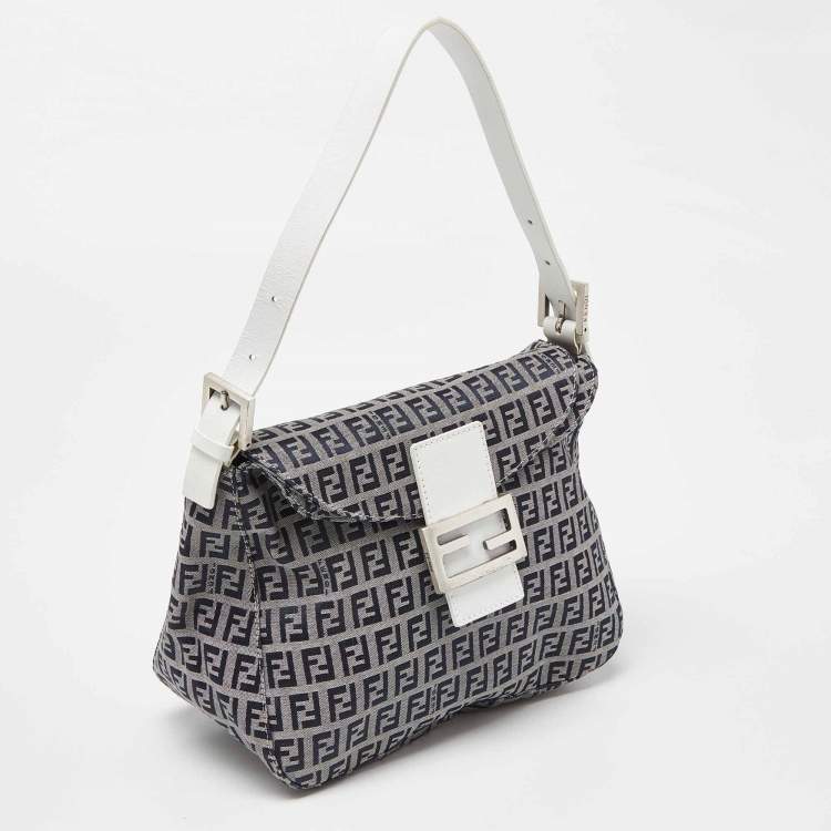 Pre Owned Fendi Navy Blue/White Zucchino Fabric and Leather FF Double Flap Bag