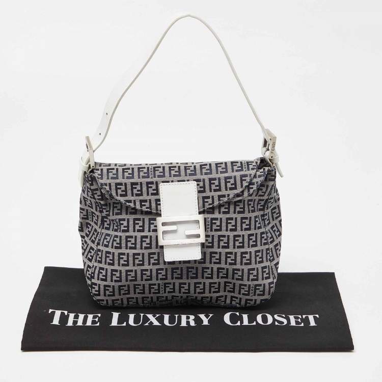 Pre Owned Fendi Navy Blue/White Zucchino Fabric and Leather FF Double Flap Bag