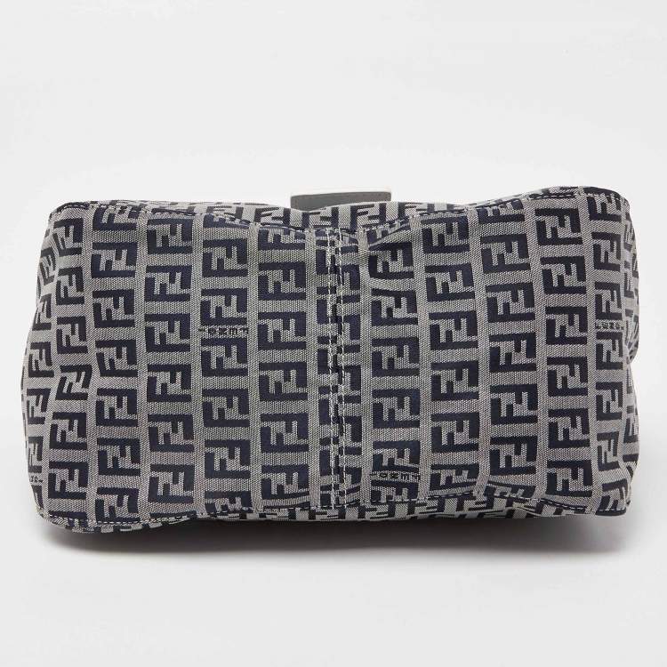 Pre Owned Fendi Navy Blue/White Zucchino Fabric and Leather FF Double Flap Bag