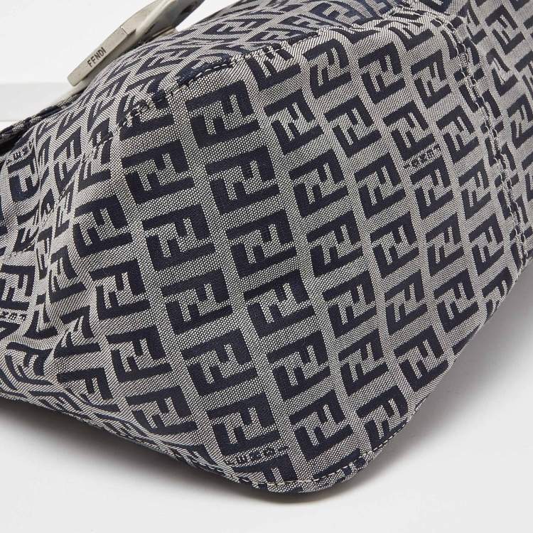 Pre Owned Fendi Navy Blue/White Zucchino Fabric and Leather FF Double Flap Bag