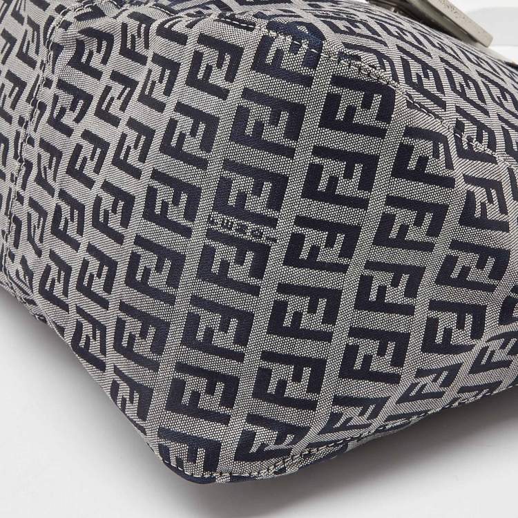 Pre Owned Fendi Navy Blue/White Zucchino Fabric and Leather FF Double Flap Bag