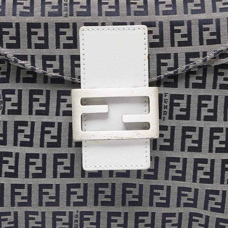 Pre Owned Fendi Navy Blue/White Zucchino Fabric and Leather FF Double Flap Bag