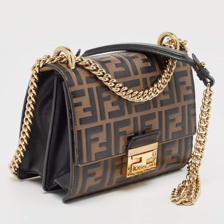 Pre Owned Fendi Black/Brown Zucca Embossed Leather Small Kan U Shoulder Bag