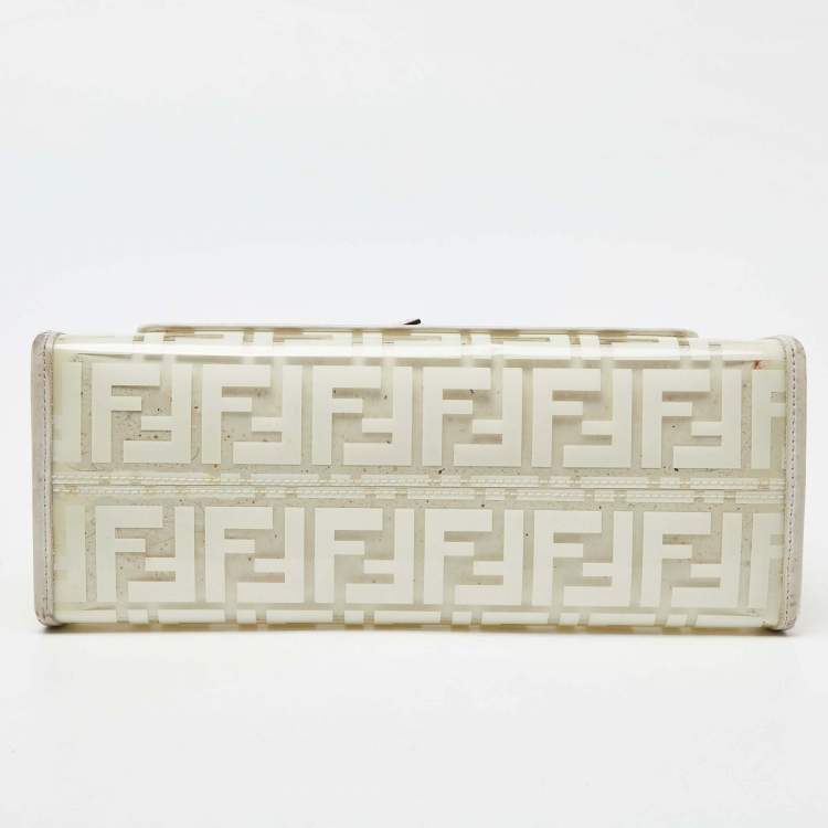 Pre Owned Fendi Transparent/Off White Zucca PVC and Leather Small Runaway Shopper Tote