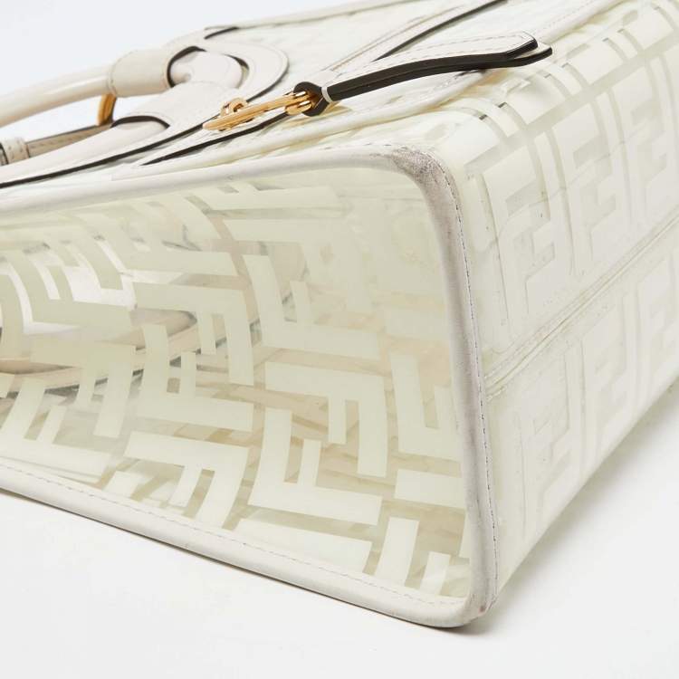 Pre Owned Fendi Transparent/Off White Zucca PVC and Leather Small Runaway Shopper Tote