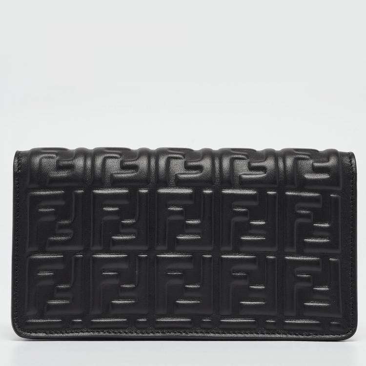 Pre Owned Fendi Black Zucca Embossed Leather Baguette Wallet on Chain
