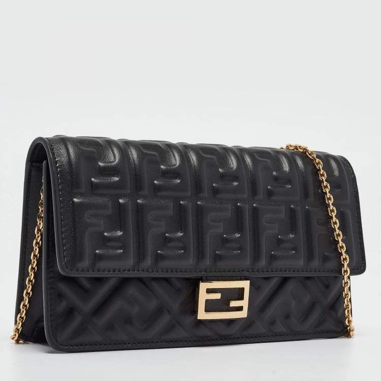 Pre Owned Fendi Black Zucca Embossed Leather Baguette Wallet on Chain