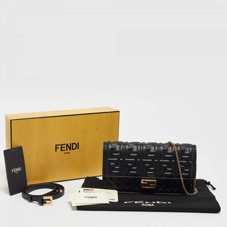 Pre Owned Fendi Black Zucca Embossed Leather Baguette Wallet on Chain