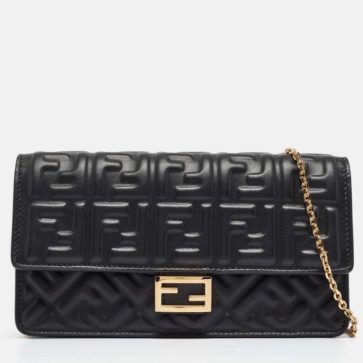 Pre Owned Fendi Black Zucca Embossed Leather Baguette Wallet on Chain