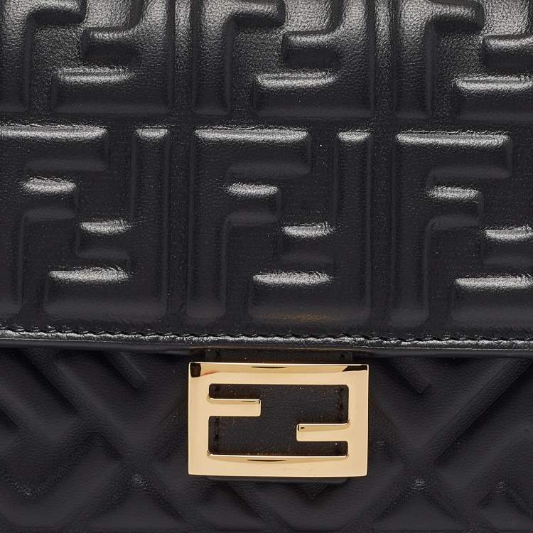 Pre Owned Fendi Black Zucca Embossed Leather Baguette Wallet on Chain