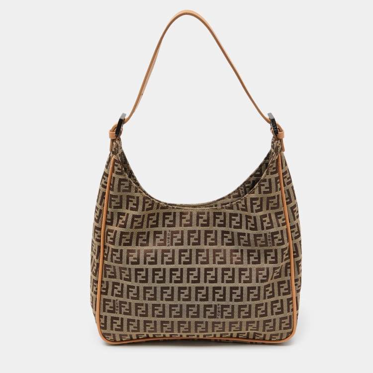 Pre Owned Fendi Brown/Beige Zucchino Canvas and Leather Shoulder Bag