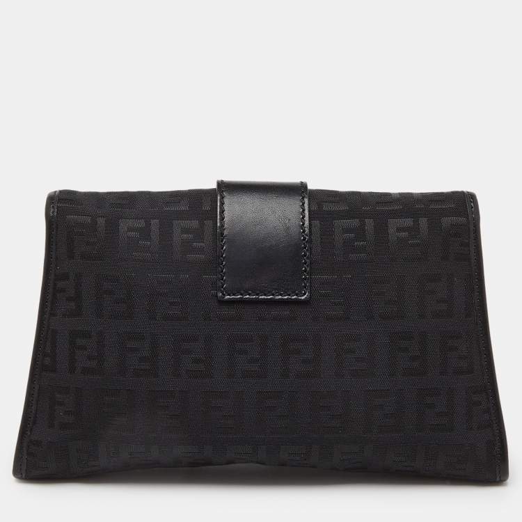 Pre Owned Fendi Black Zucchino Canvas and Leather Wallet on Chain 