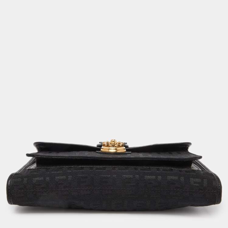 Pre Owned Fendi Black Zucchino Canvas and Leather Wallet on Chain 