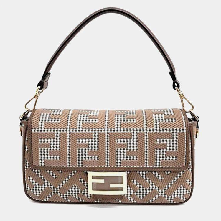 Pre Owned Fendi Brown Jacquard Baguette Shoulder Bag