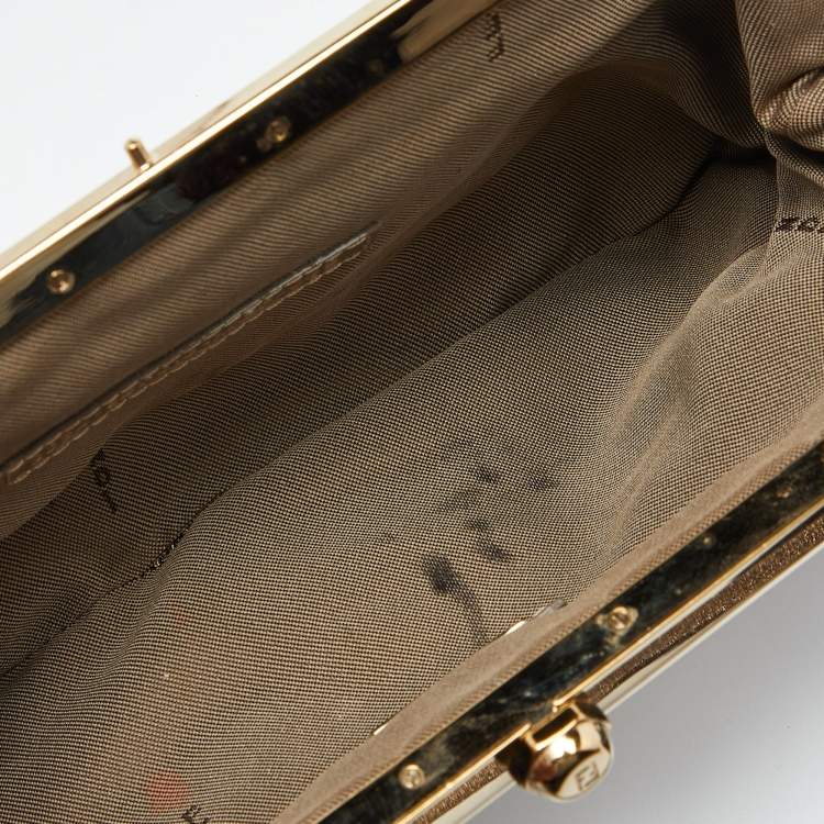Pre Owned Fendi Gold Laminated Leather Vanity Mirror Clutch