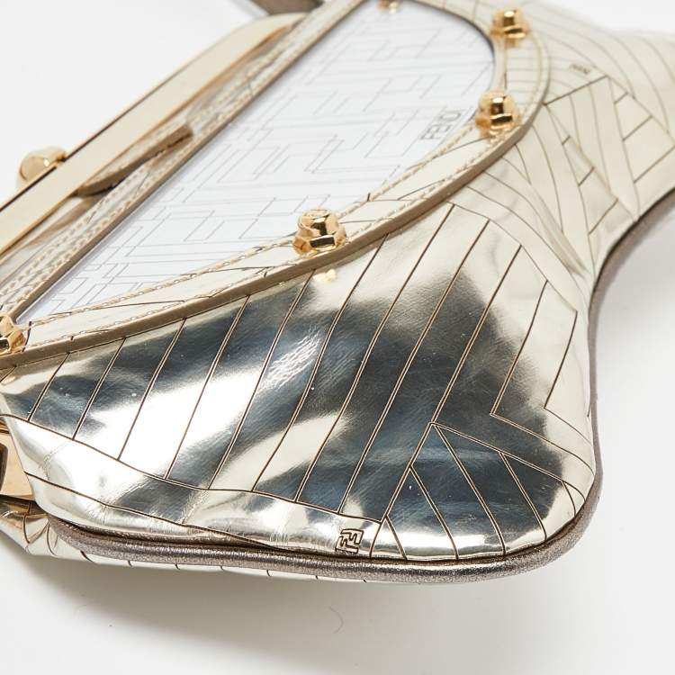Pre Owned Fendi Gold Laminated Leather Vanity Mirror Clutch