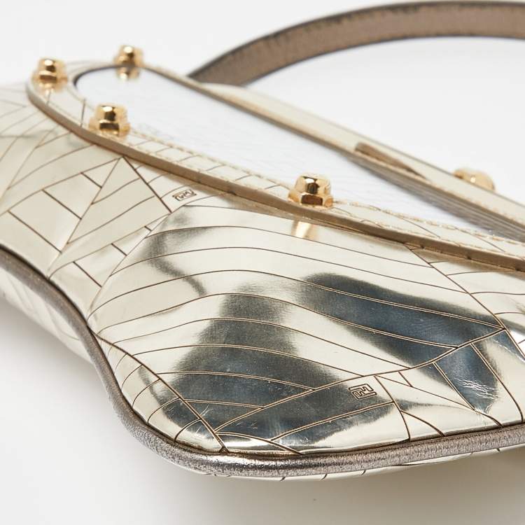 Pre Owned Fendi Gold Laminated Leather Vanity Mirror Clutch