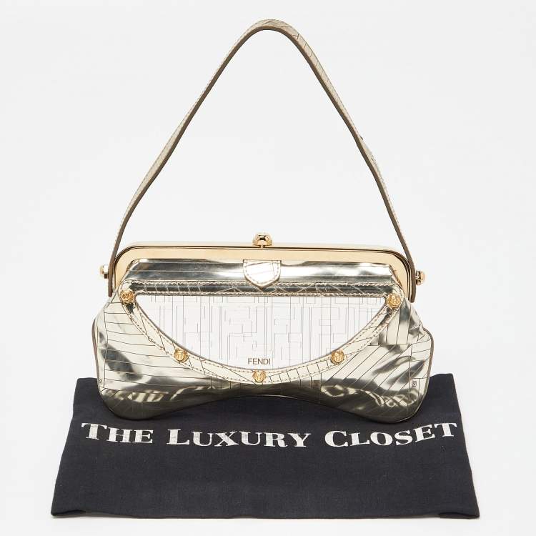 Pre Owned Fendi Gold Laminated Leather Vanity Mirror Clutch
