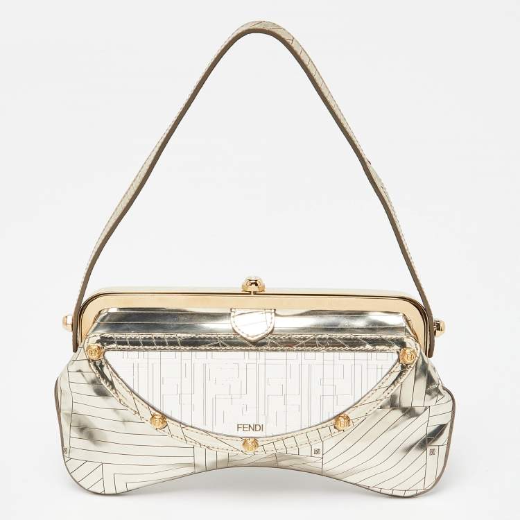 Pre Owned Fendi Gold Laminated Leather Vanity Mirror Clutch