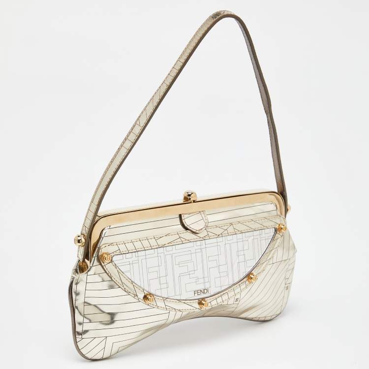 Pre Owned Fendi Gold Laminated Leather Vanity Mirror Clutch